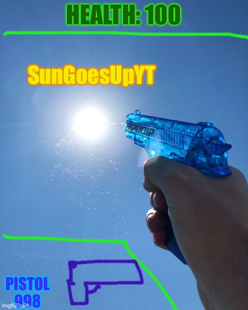 Water pistol on sun | HEALTH: 100; SunGoesUpYT; PISTOL 998 | image tagged in water pistol on sun | made w/ Imgflip meme maker