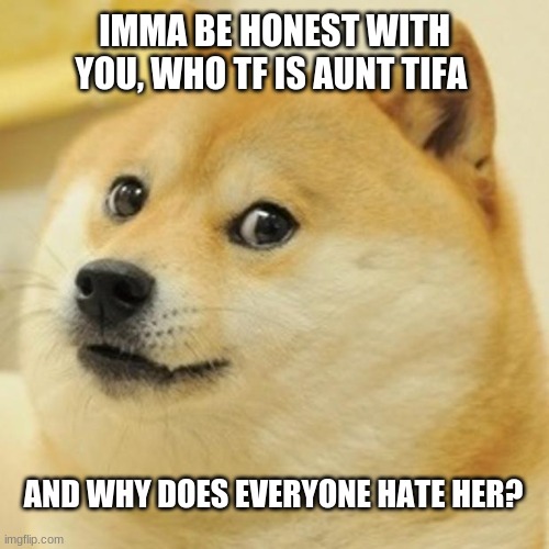 Doge | IMMA BE HONEST WITH YOU, WHO TF IS AUNT TIFA; AND WHY DOES EVERYONE HATE HER? | image tagged in memes,doge,dumb joke,ironic,intentionally dumb,antifa | made w/ Imgflip meme maker
