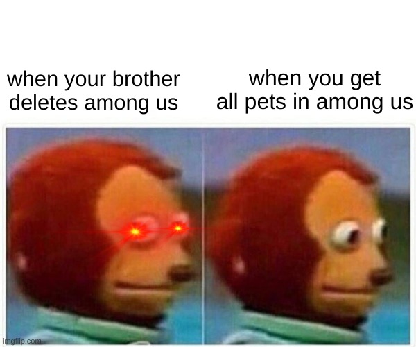 Monkey Puppet Meme | when your brother deletes among us; when you get all pets in among us | image tagged in memes,monkey puppet | made w/ Imgflip meme maker