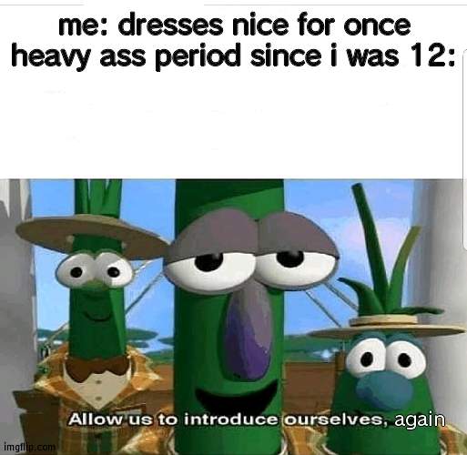 wRYYY | me: dresses nice for once
heavy ass period since i was 12:; again | image tagged in allow us to introduce ourselves | made w/ Imgflip meme maker