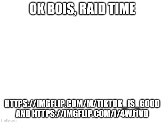 https://imgflip.com/m/TikTok_is_good https://imgflip.com/i/4wj1vd | OK BOIS, RAID TIME; HTTPS://IMGFLIP.COM/M/TIKTOK_IS_GOOD AND HTTPS://IMGFLIP.COM/I/4WJ1VD | image tagged in blank white template | made w/ Imgflip meme maker