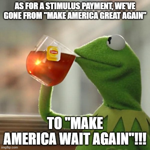 Stimulus payment | AS FOR A STIMULUS PAYMENT, WE'VE GONE FROM "MAKE AMERICA GREAT AGAIN"; TO "MAKE AMERICA WAIT AGAIN"!!! | image tagged in kermit the frog,nwo | made w/ Imgflip meme maker