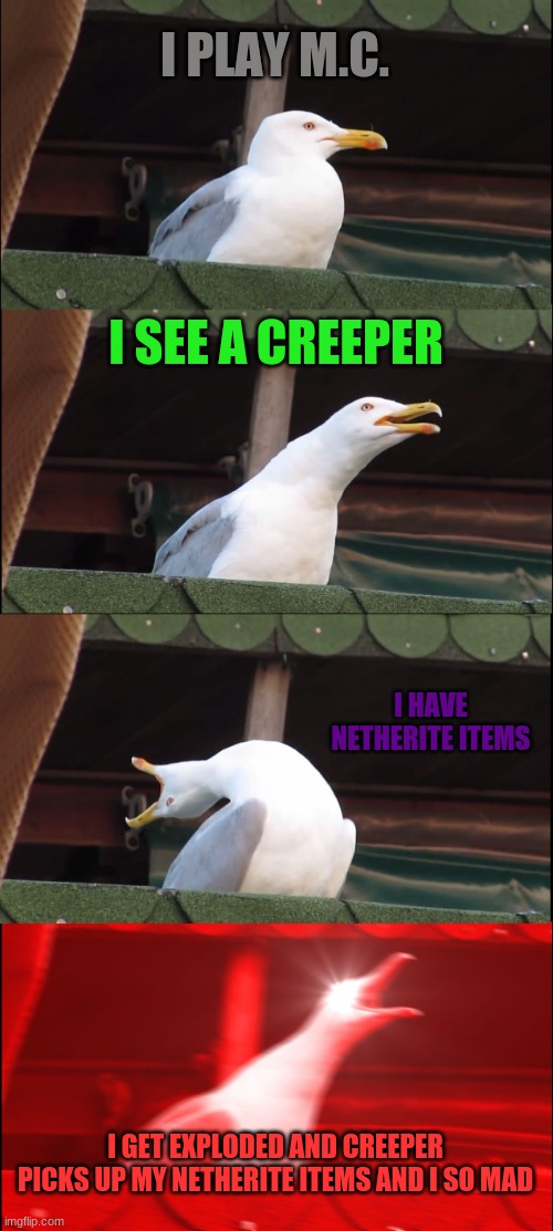 Exploding Creeper | I PLAY M.C. I SEE A CREEPER; I HAVE NETHERITE ITEMS; I GET EXPLODED AND CREEPER PICKS UP MY NETHERITE ITEMS AND I SO MAD | image tagged in memes,inhaling seagull | made w/ Imgflip meme maker