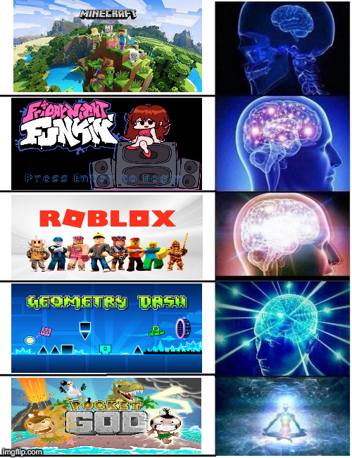 if you remember pocket god you deserve a golden gamer pass | image tagged in expanding brain 5 panel | made w/ Imgflip meme maker