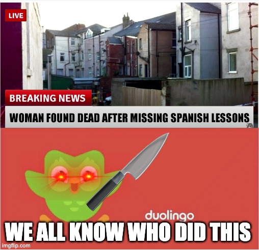 Woman found dead | WE ALL KNOW WHO DID THIS | image tagged in duolingo bored | made w/ Imgflip meme maker