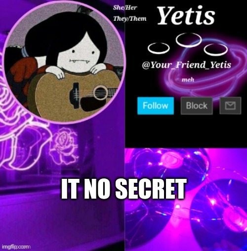 ya | IT NO SECRET | image tagged in yetis vibes | made w/ Imgflip meme maker
