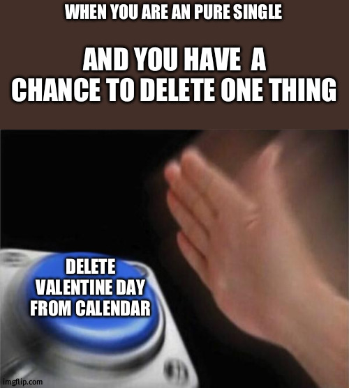 I obviously did it | WHEN YOU ARE AN PURE SINGLE; AND YOU HAVE  A CHANCE TO DELETE ONE THING; DELETE VALENTINE DAY FROM CALENDAR | image tagged in memes,blank nut button | made w/ Imgflip meme maker