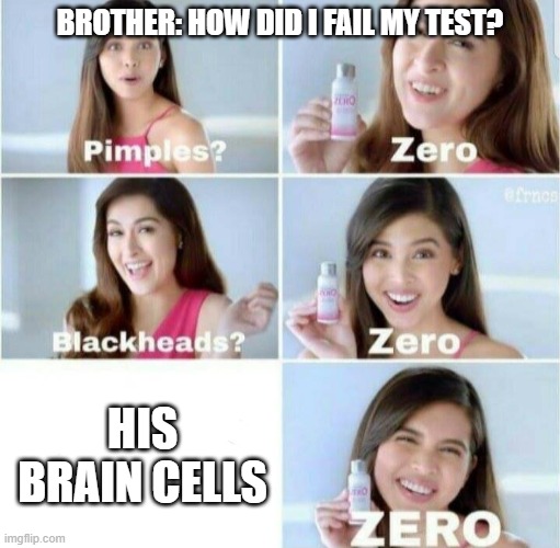 Brain cells gone | BROTHER: HOW DID I FAIL MY TEST? HIS BRAIN CELLS | image tagged in pimples zero,memes | made w/ Imgflip meme maker