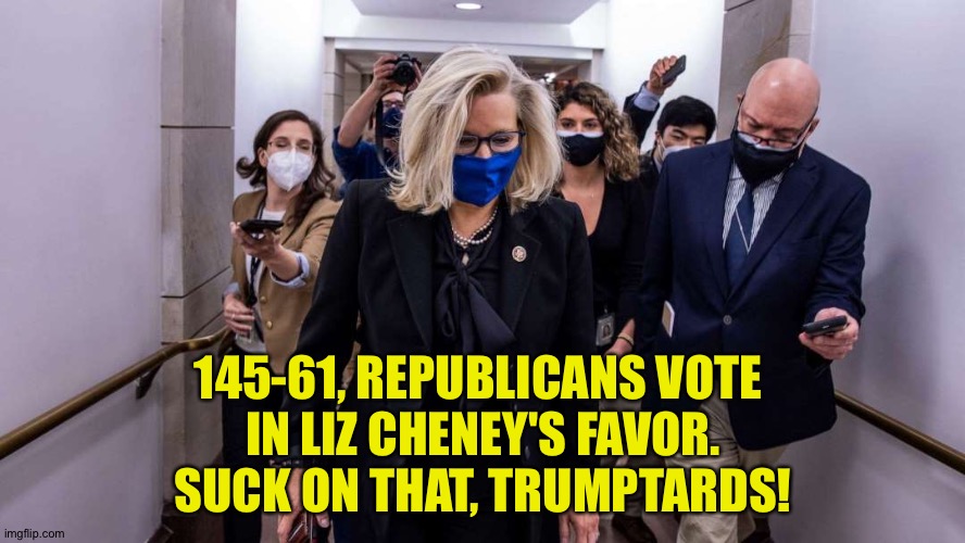 MAGAts lose again | 145-61, REPUBLICANS VOTE 
IN LIZ CHENEY'S FAVOR.
SUCK ON THAT, TRUMPTARDS! | image tagged in liz cheney | made w/ Imgflip meme maker