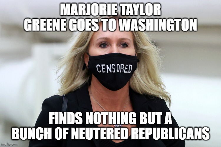 Marjorie Taylor Greene Censored | MARJORIE TAYLOR GREENE GOES TO WASHINGTON; FINDS NOTHING BUT A BUNCH OF NEUTERED REPUBLICANS | image tagged in marjorie taylor greene censored | made w/ Imgflip meme maker