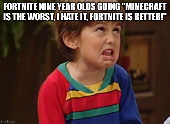 Fortnite nine year olds suck | FORTNITE NINE YEAR OLDS GOING "MINECRAFT IS THE WORST, I HATE IT, FORTNITE IS BETTER!" | image tagged in annoying,fortnite sucks | made w/ Imgflip meme maker