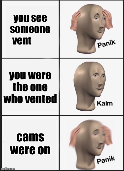venting in a nutshell | you see someone vent; you were the one who vented; cams were on | image tagged in memes,panik kalm panik | made w/ Imgflip meme maker