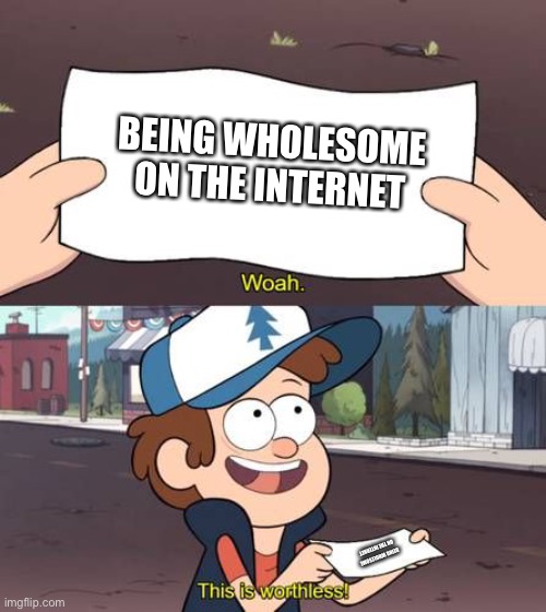 Wholesomeness not anymore | BEING WHOLESOME ON THE INTERNET; BEING WHOLESOME ON THE INTERNET | image tagged in woah this is worthless | made w/ Imgflip meme maker