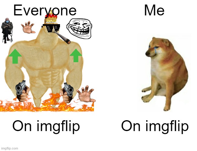 Why everyone do this to me? | Everyone; Me; On imgflip; On imgflip | image tagged in memes,buff doge vs cheems,begging for upvotes | made w/ Imgflip meme maker