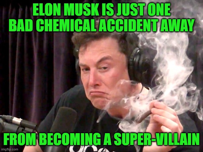 Elon Musk Weed | ELON MUSK IS JUST ONE BAD CHEMICAL ACCIDENT AWAY; FROM BECOMING A SUPER-VILLAIN | image tagged in elon musk weed | made w/ Imgflip meme maker