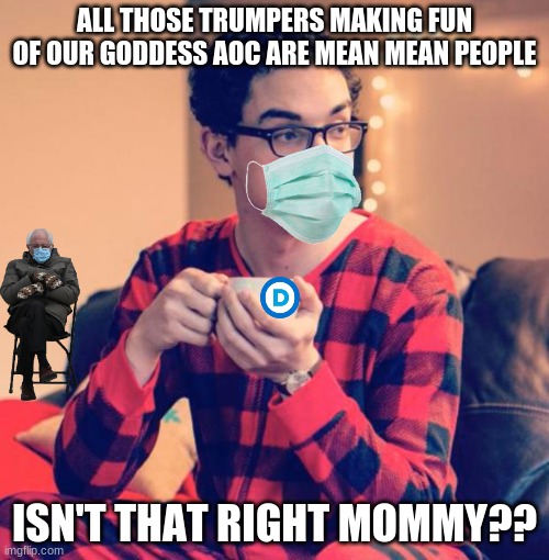 Democrat Pajama Boy | ALL THOSE TRUMPERS MAKING FUN OF OUR GODDESS AOC ARE MEAN MEAN PEOPLE; ISN'T THAT RIGHT MOMMY?? | image tagged in aoc,crazy aoc,alexandria ocasio-cortez,aoc lied,aoc smollet,occupy democrats | made w/ Imgflip meme maker