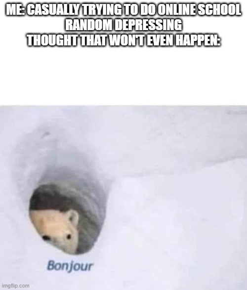 Bonjour | ME: CASUALLY TRYING TO DO ONLINE SCHOOL
RANDOM DEPRESSING THOUGHT THAT WON'T EVEN HAPPEN: | image tagged in bonjour | made w/ Imgflip meme maker