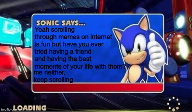 big sad moment | Yeah scrolling through memes on internet is fun but have you ever tried having a friend and having the best moments of your life with them? me neither, keep scrolling | image tagged in sonic says | made w/ Imgflip meme maker