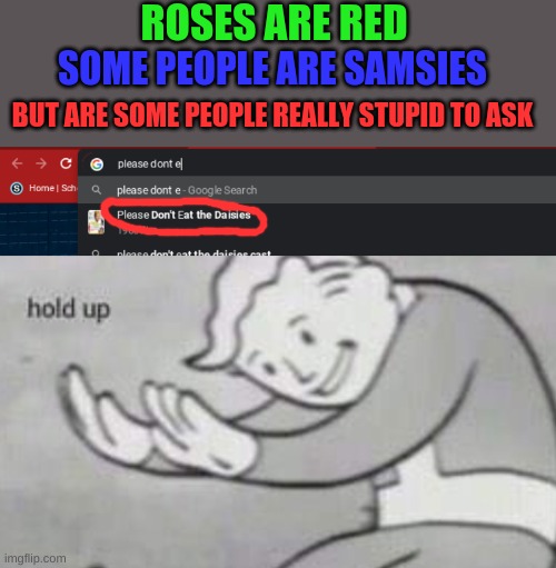 don't eat the daisies! | ROSES ARE RED; SOME PEOPLE ARE SAMSIES; BUT ARE SOME PEOPLE REALLY STUPID TO ASK | image tagged in don't,funny mmes,rhymes,fallout hold up | made w/ Imgflip meme maker