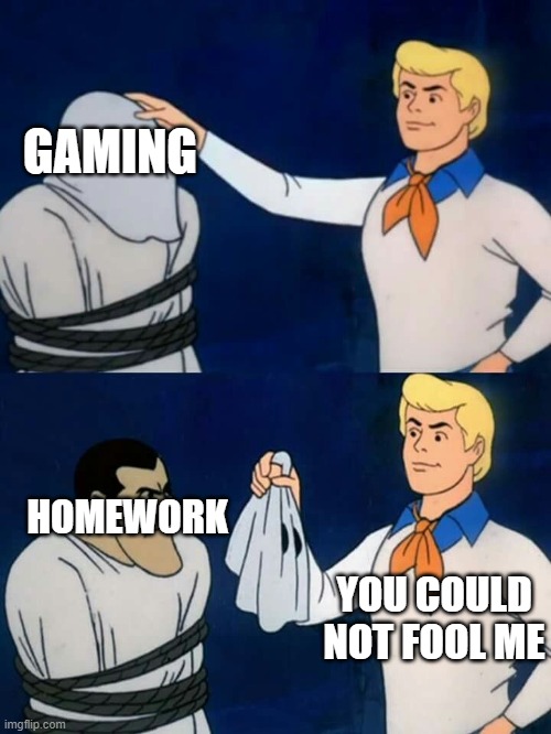 Trust me idk what this is either | GAMING; HOMEWORK; YOU COULD NOT FOOL ME | image tagged in scooby doo mask reveal | made w/ Imgflip meme maker