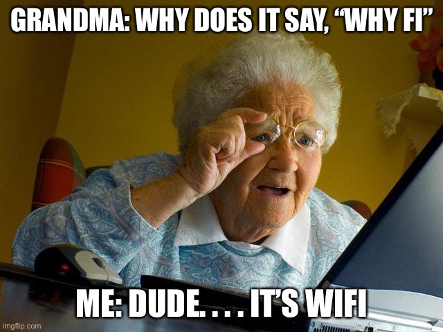 Grandma ? internet find ? WiFi | GRANDMA: WHY DOES IT SAY, “WHY FI”; ME: DUDE. . . . IT’S WIFI | image tagged in memes,grandma finds the internet | made w/ Imgflip meme maker