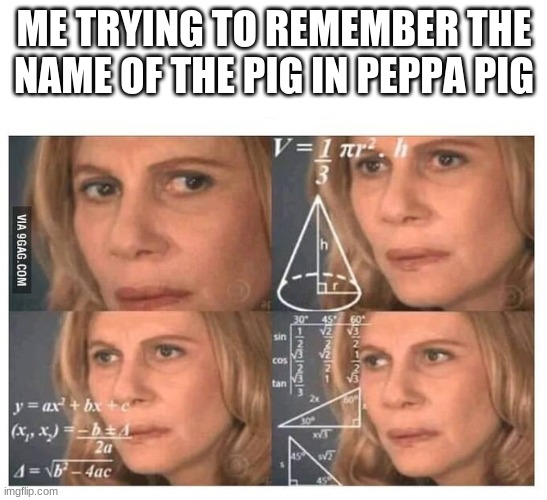 Thinking lady | ME TRYING TO REMEMBER THE NAME OF THE PIG IN PEPPA PIG | image tagged in thinking lady | made w/ Imgflip meme maker
