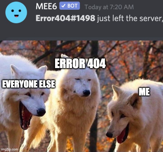 Well looks like error 404's gone now | ERROR 404; EVERYONE ELSE; ME | image tagged in laughing wolf,error 404,missing | made w/ Imgflip meme maker