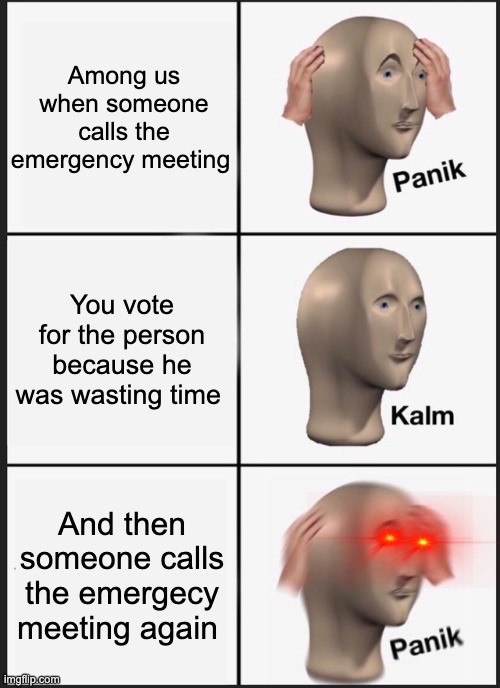 Emergency meeting life | Among us when someone calls the emergency meeting; You vote for the person because he was wasting time; And then someone calls the emergecy meeting again | image tagged in memes,panik kalm panik | made w/ Imgflip meme maker