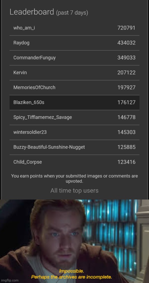 How I don't have 100000 points | image tagged in impossible perhaps the archives are incomplete | made w/ Imgflip meme maker