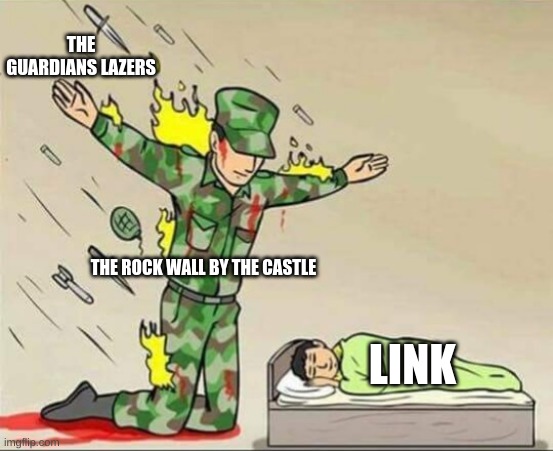 Soldier protecting sleeping child | THE GUARDIANS LAZERS; THE ROCK WALL BY THE CASTLE; LINK | image tagged in soldier protecting sleeping child,the legend of zelda breath of the wild | made w/ Imgflip meme maker