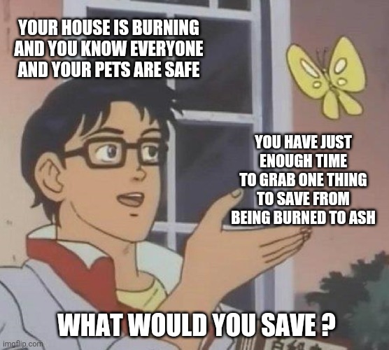 You Should Already Know | YOUR HOUSE IS BURNING AND YOU KNOW EVERYONE AND YOUR PETS ARE SAFE; YOU HAVE JUST ENOUGH TIME TO GRAB ONE THING TO SAVE FROM BEING BURNED TO ASH; WHAT WOULD YOU SAVE ? | image tagged in memes,is this a pigeon,important,real life,love,disaster | made w/ Imgflip meme maker
