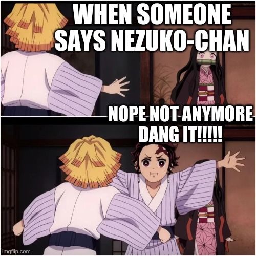 Did Someone say Nezuko-Chan? | WHEN SOMEONE SAYS NEZUKO-CHAN; NOPE NOT ANYMORE

DANG IT!!!!! | image tagged in tanjiro blocks nezuko,anime,demon slayer | made w/ Imgflip meme maker