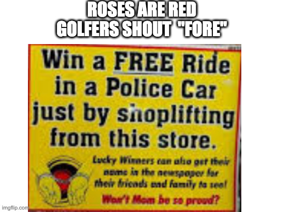 Tru | ROSES ARE RED
GOLFERS SHOUT  "FORE" | image tagged in blank white template | made w/ Imgflip meme maker