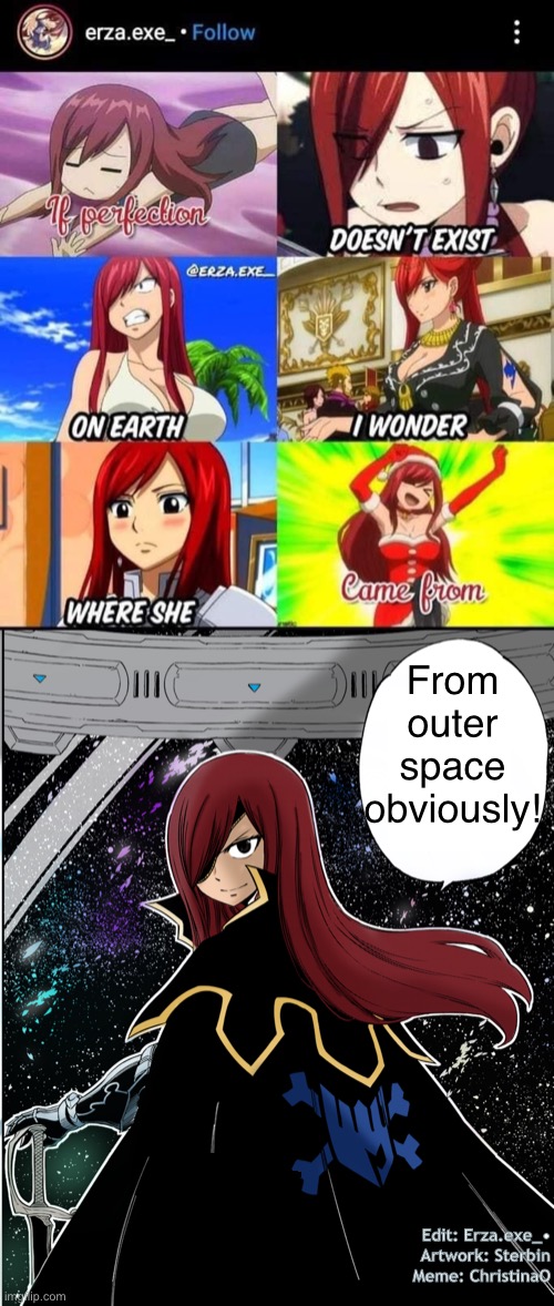 Erzy Crimson and Erza Scarlet - Edens Zero / Fairy Tail Meme | From outer space obviously! Edit: Erza.exe_•
Artwork: Sterbin
Meme: ChristinaO | image tagged in fairy tail,fairy tail meme,erzy crimson,erza scaring,edens zero,edens zero meme | made w/ Imgflip meme maker