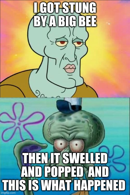 big bee | I GOT STUNG BY A BIG BEE; THEN IT SWELLED AND POPPED  AND THIS IS WHAT HAPPENED | image tagged in memes,squidward | made w/ Imgflip meme maker