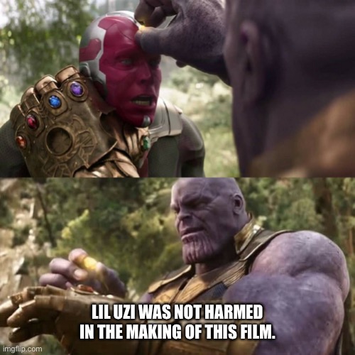 Lil Uzi vs Thanos | LIL UZI WAS NOT HARMED IN THE MAKING OF THIS FILM. | image tagged in thanos vision gantlet | made w/ Imgflip meme maker