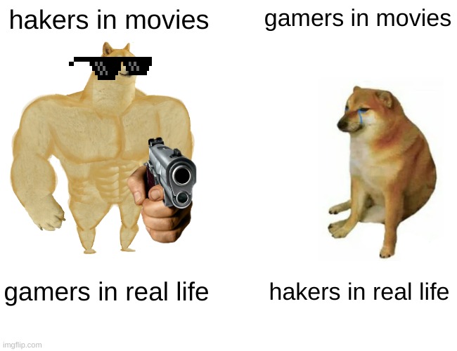 Buff Doge vs. Cheems | hakers in movies; gamers in movies; gamers in real life; hakers in real life | image tagged in memes,buff doge vs cheems | made w/ Imgflip meme maker