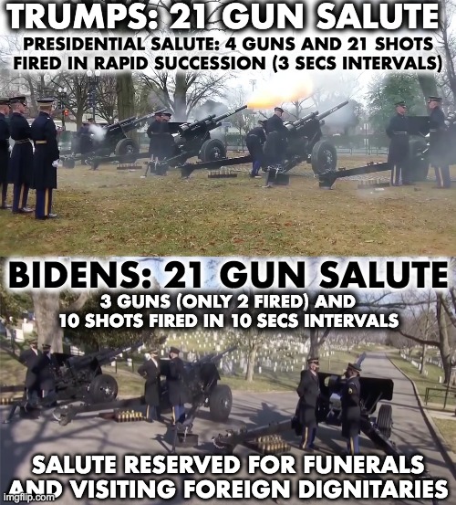 TRUMPS: 21 GUN SALUTE PRESIDENTIAL SALUTE: 4 GUNS AND 21 SHOTS FIRED IN RAPID SUCCESSION (3 SECS INTERVALS) BIDENS: 21 GUN SALUTE 3 GUNS (ON | made w/ Imgflip meme maker