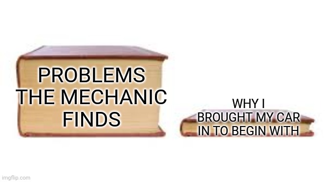 every time |  PROBLEMS
THE MECHANIC
FINDS; WHY I BROUGHT MY CAR IN TO BEGIN WITH | image tagged in big book small book,mechanic,expensive | made w/ Imgflip meme maker