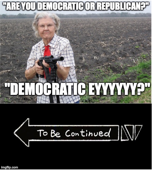 Republicans be like | "ARE YOU DEMOCRATIC OR REPUBLICAN?"; "DEMOCRATIC EYYYYYY?" | image tagged in grandma with a silencer | made w/ Imgflip meme maker