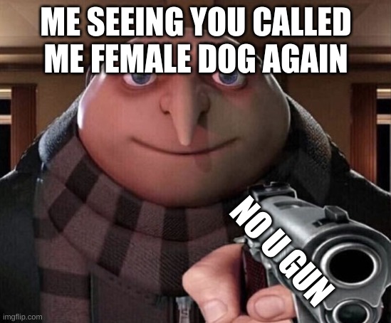 Gru Gun | ME SEEING YOU CALLED ME FEMALE DOG AGAIN NO U GUN | image tagged in gru gun | made w/ Imgflip meme maker