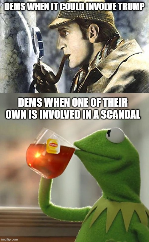 DEMS WHEN IT COULD INVOLVE TRUMP DEMS WHEN ONE OF THEIR OWN IS INVOLVED IN A SCANDAL | image tagged in sherlock investigates,memes,but that's none of my business | made w/ Imgflip meme maker