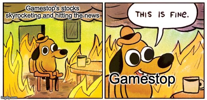 S t o n k s | Gamestop's stocks skyrocketing and hitting the news; Gamestop | image tagged in memes,this is fine | made w/ Imgflip meme maker