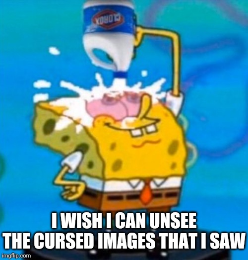 Spongebob pouring bleach in his eyes | I WISH I CAN UNSEE THE CURSED IMAGES THAT I SAW | image tagged in spongebob pouring bleach in his eyes | made w/ Imgflip meme maker