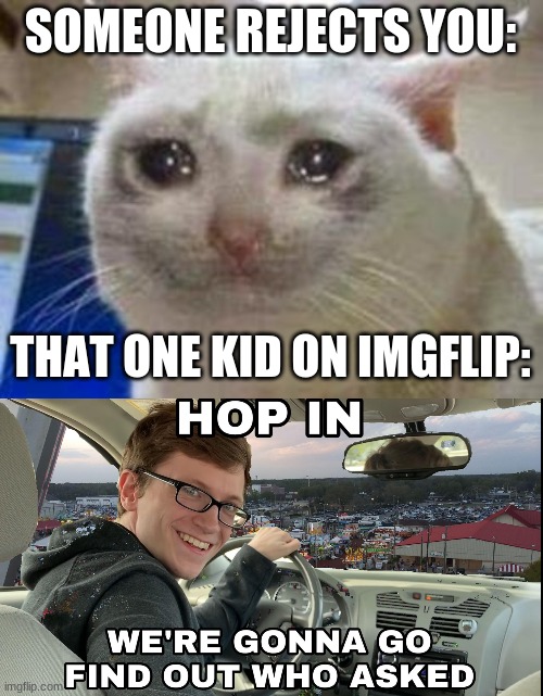 SOMEONE REJECTS YOU:; THAT ONE KID ON IMGFLIP: | image tagged in sad cat,hop in we're gonna find who asked | made w/ Imgflip meme maker