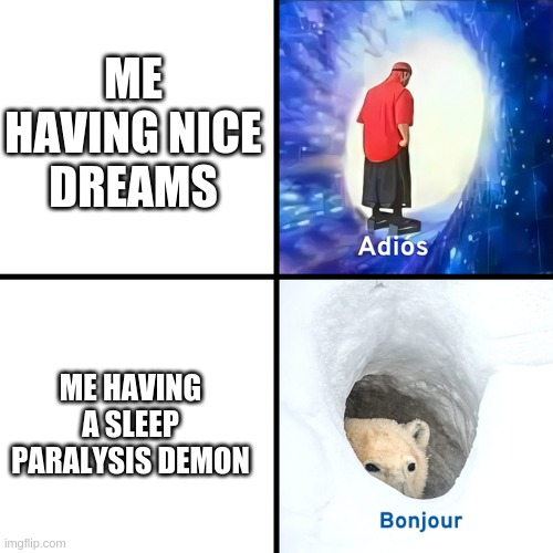 every day: LIFE | ME HAVING NICE DREAMS; ME HAVING A SLEEP PARALYSIS DEMON | image tagged in adios bonjour | made w/ Imgflip meme maker
