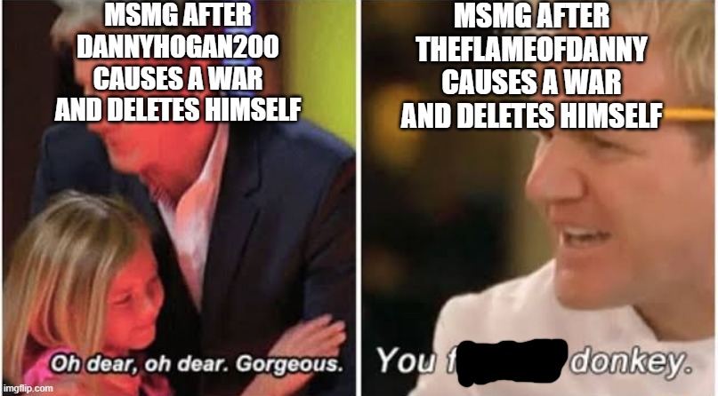 Sorry if this breaks one of the rules... | MSMG AFTER DANNYHOGAN200 CAUSES A WAR AND DELETES HIMSELF; MSMG AFTER THEFLAMEOFDANNY CAUSES A WAR AND DELETES HIMSELF | image tagged in gordon ramsay kids vs adults,memes,funny,danny | made w/ Imgflip meme maker