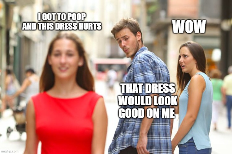 idk? | I GOT TO POOP AND THIS DRESS HURTS; WOW; THAT DRESS WOULD LOOK GOOD ON ME | image tagged in memes,distracted boyfriend | made w/ Imgflip meme maker