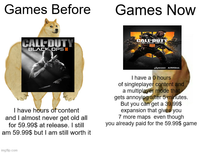 Games | Games Before; Games Now; I have a 0 hours of singleplayer content and a multiplayer mode that gets annoying after 5 minutes. But you can get a 39.99$ expansion that gives you 7 more maps  even though you already paid for the 59.99$ game; I have hours of content and I almost never get old all for 59.99$ at release. I still am 59.99$ but I am still worth it | image tagged in memes,buff doge vs cheems | made w/ Imgflip meme maker