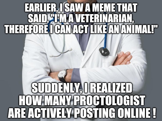 Online proctology | EARLIER, I SAW A MEME THAT SAID, "I'M A VETERINARIAN, THEREFORE I CAN ACT LIKE AN ANIMAL!"; SUDDENLY, I REALIZED HOW MANY PROCTOLOGIST ARE ACTIVELY POSTING ONLINE ! | image tagged in doctor,proctologist,assholes,sudden realization,deep thoughts,memes | made w/ Imgflip meme maker